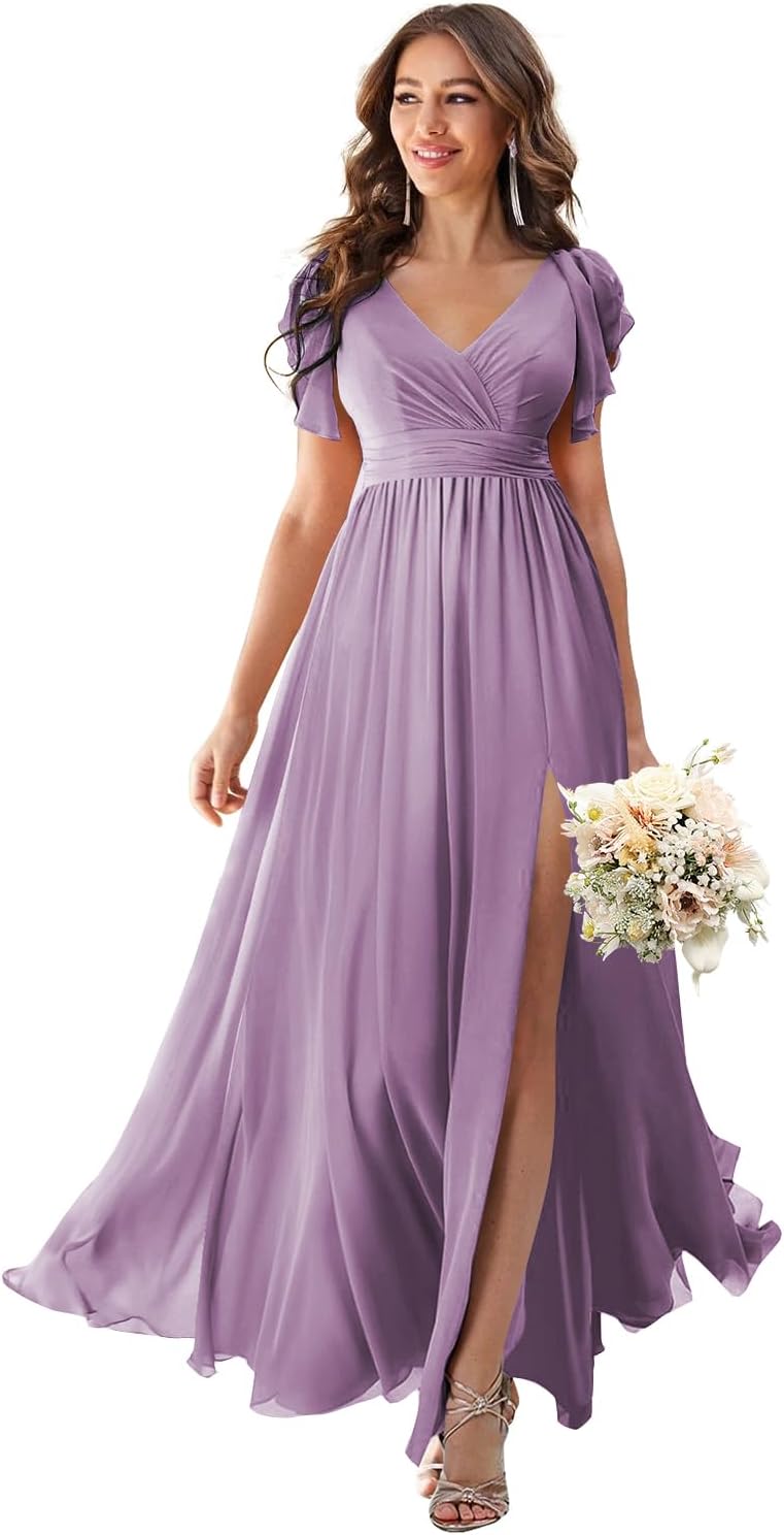 V Neck Flutter Sleeves Bridesmaid Dresses with Slit 2025 Chiffon Aline Pleats Formal Evening Gowns for Women