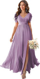 V Neck Flutter Sleeves Bridesmaid Dresses with Slit 2025 Chiffon Aline Pleats Formal Evening Gowns for Women