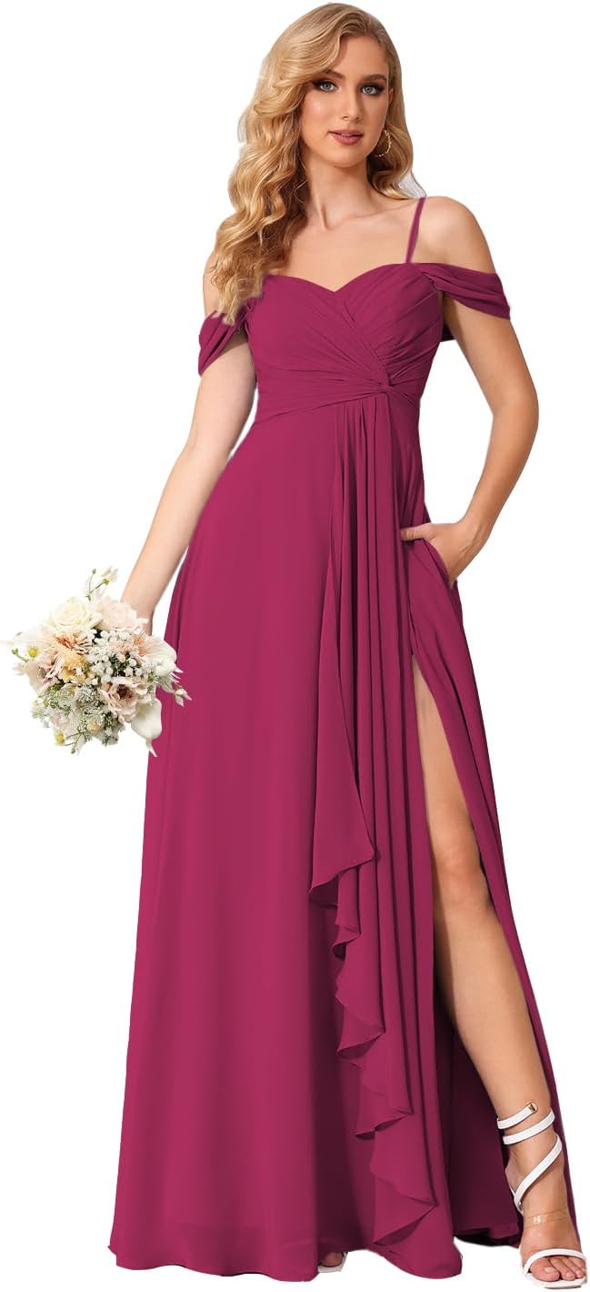 Damen Schulterfreies Brautjungfernkleid Lang mit Schlitz Chiffon Rüschen Falten Formales Partykleid 