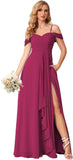 Damen Schulterfreies Brautjungfernkleid Lang mit Schlitz Chiffon Rüschen Falten Formales Partykleid 
