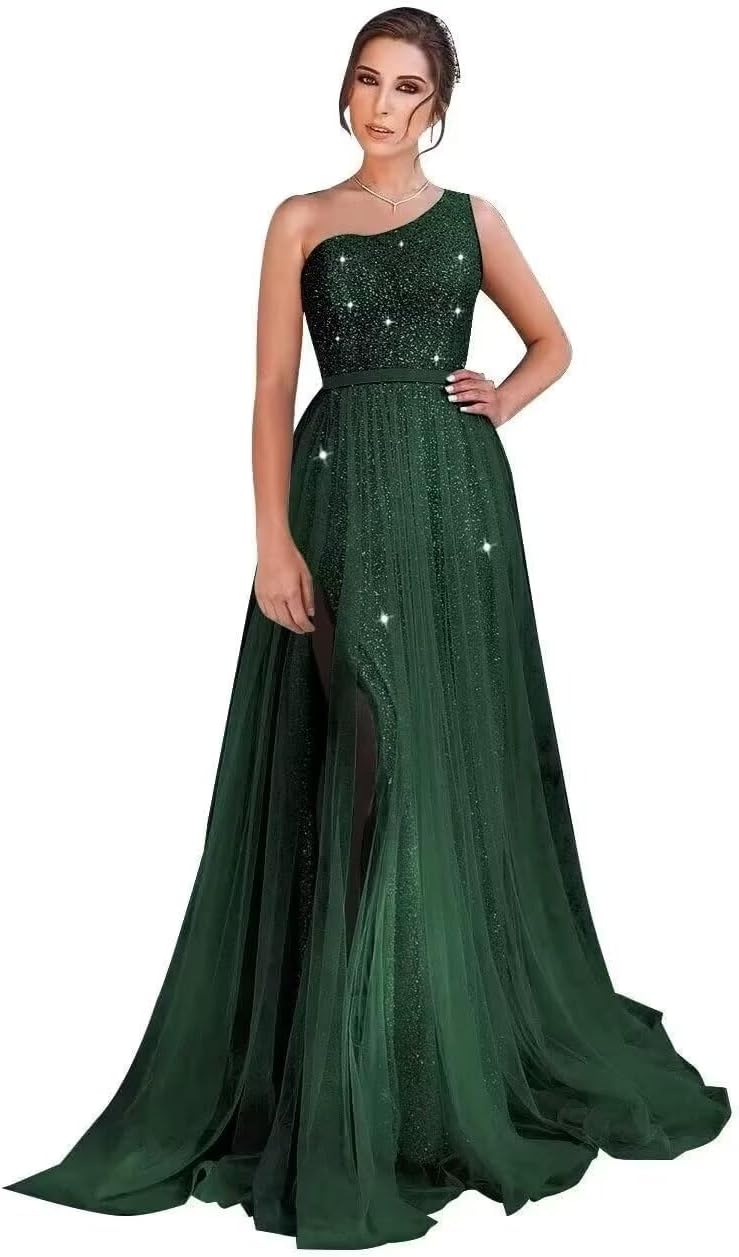 One Shoulder Sequin Prom Dress Long A-Line Tulle Formal Evening Gowns for Women 2027