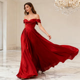 Off Shoulder Silk Satin Bridesmaid Dresses Long Pleated Formal Dresses A Line Evening Gowns with Slit