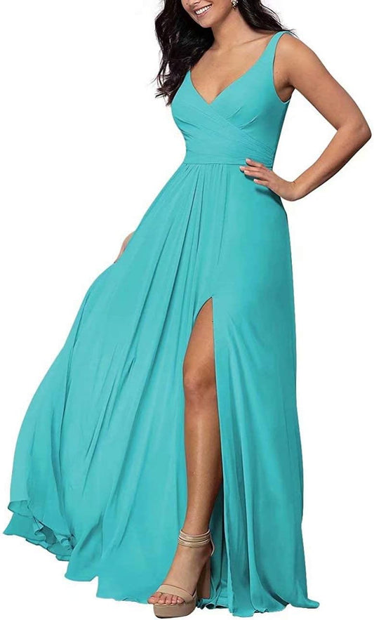 Langes Brautjungfernkleid mit Taschen, Brautjungfernkleid in Übergröße, Chiffon, A-Linie, Schlitz, Abschlussball- und Abendkleid für Damen