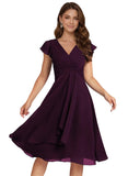 Short Chiffon Bridesmaid Dresses for Women V Neck Flutter Sleeves Ruffle Formal Cocktail Gowns with Pockets