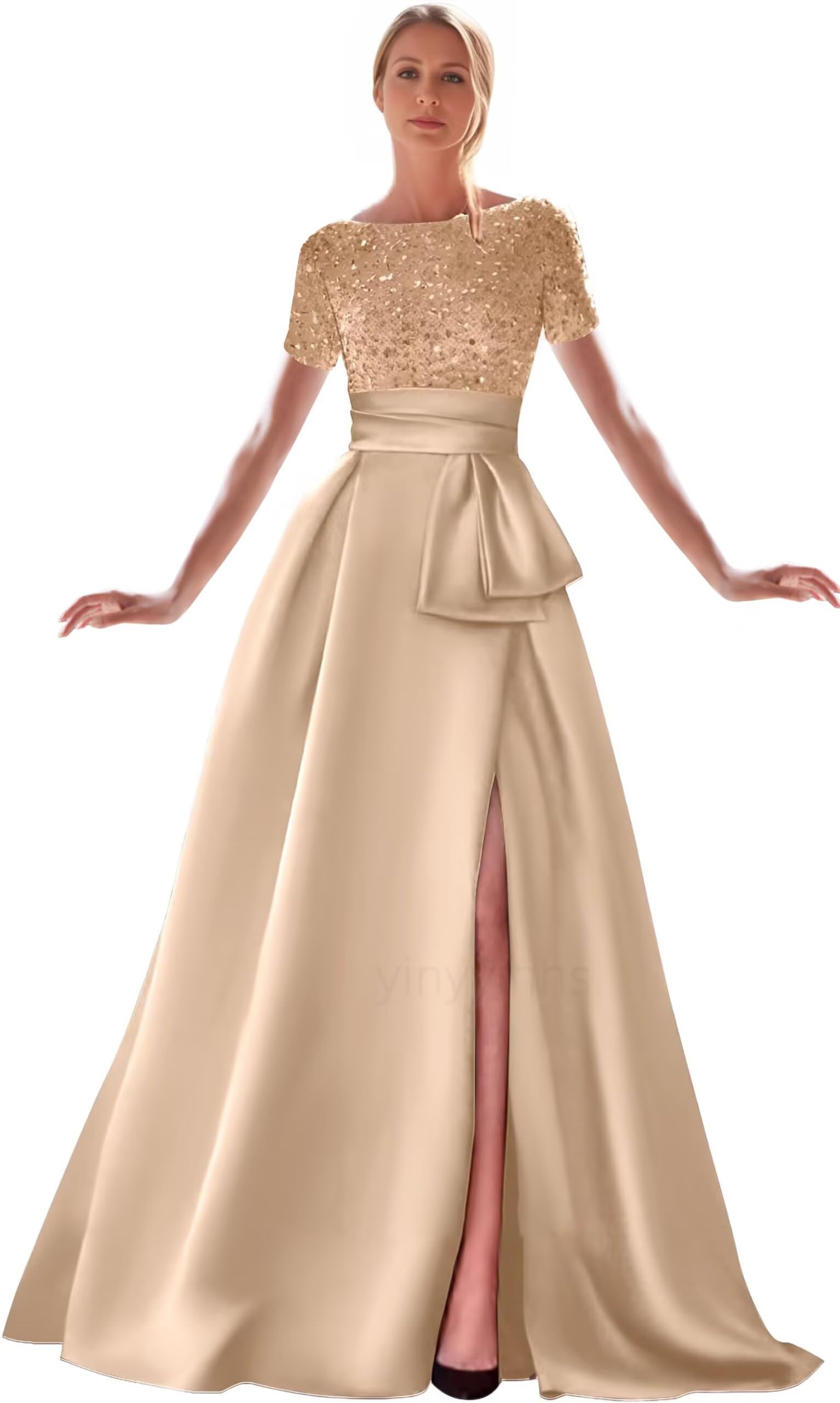 Kingbridal Gowns Short Sleeve Sequin Prom Dresses for Women 2026 Satin A-Line Sparkly Formal Evening Party Ball Gowns with Slit