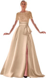 Kingbridal Gowns Short Sleeve Sequin Prom Dresses for Women 2026 Satin A-Line Sparkly Formal Evening Party Ball Gowns with Slit