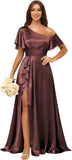 Short Sleeve Satin Bridesmaid Dresses for Women Ruffle One Shoulder Formal Evening Gowns with Slit