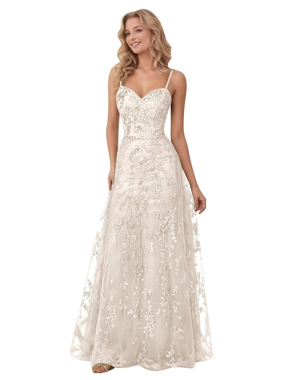 Spaghetti Strap Sparkly Prom Dress for Women Long Tulle Formal Dress Laces Evening Party Gown