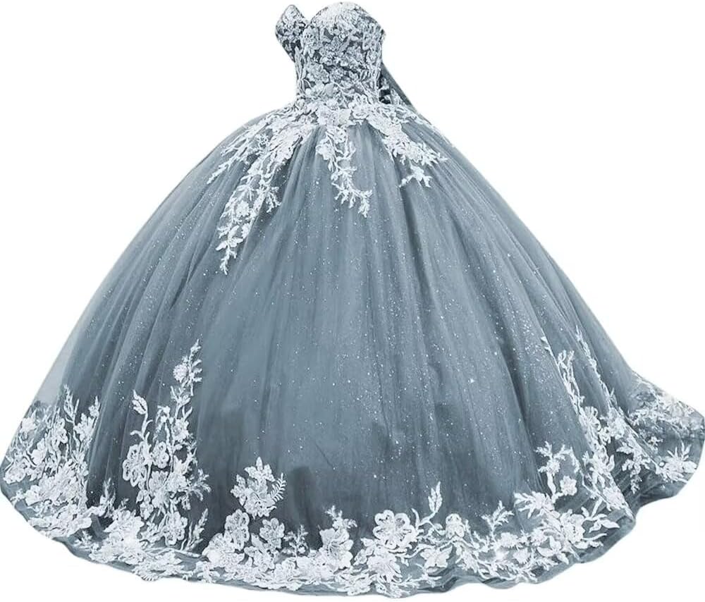 Sparkly Tulle Sweet 15 16 Quinceanera Dress Lace 3D Floral Ball Gown Strapless Puffy Prom Formal Gown