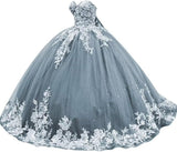 Sparkly Tulle Sweet 15 16 Quinceanera Dress Lace 3D Floral Ball Gown Strapless Puffy Prom Formal Gown