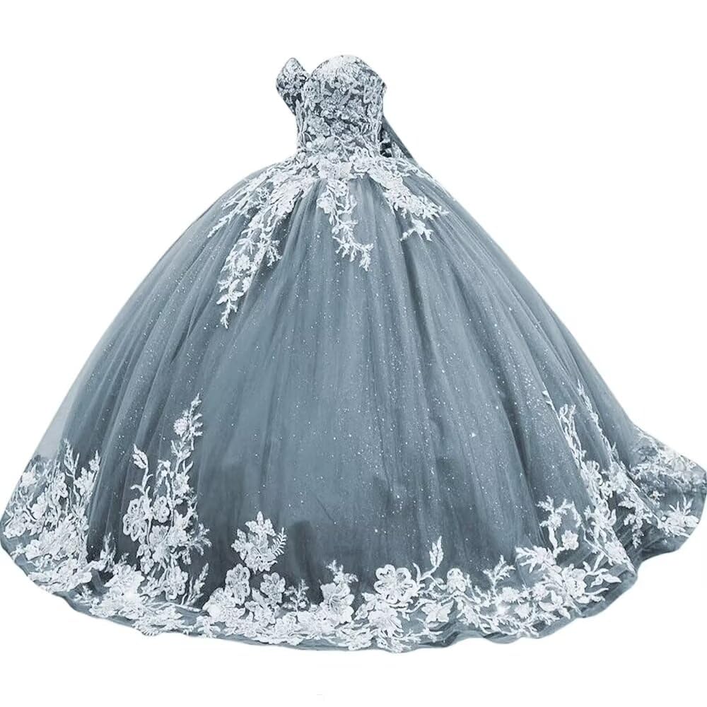 Sparkly Tulle Sweet 15 16 Quinceanera Dress Lace 3D Floral Ball Gown Strapless Puffy Prom Formal Gown