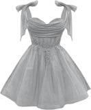Tulle Short Homecoming Dress for Teens Sparkly Lace DAMA Dresses for Quinceanera Spaghetti Straps Bow Prom Gown