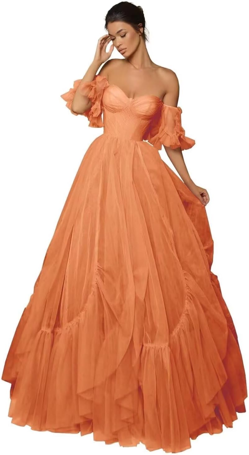 A-line Ruffled Short Sleeve Tulle Prom Dress for Women, Sweetheart Formal Gown Off The Shoulder Long Party Dress