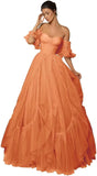 A-line Ruffled Short Sleeve Tulle Prom Dress for Women, Sweetheart Formal Gown Off The Shoulder Long Party Dress