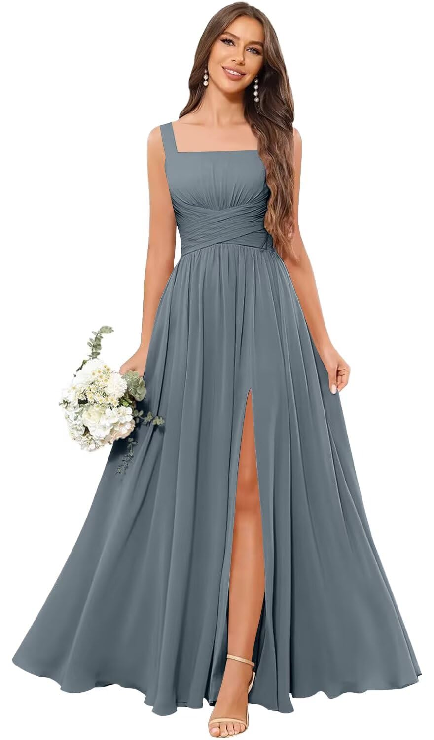 Kingbridal Chiffon A-line Bridesmaid Dresses for Women 2027 Long Square Neck Pleated Formal Evening Party Dress with Slit