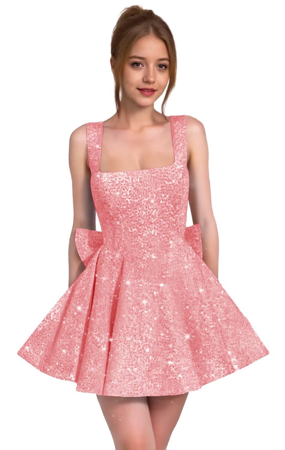 Sparkly Sequin Homecoming Dresses for Teens Short Prom Dress Square Neck Bow Formal Cocktail Gowns with Pockets
