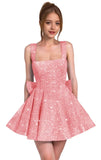 Sparkly Sequin Homecoming Dresses for Teens Short Prom Dress Square Neck Bow Formal Cocktail Gowns with Pockets