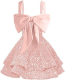 Sparkly Tiered Sequin Flower Girl Dress Spaghetti Straps Short Birthday Pageant Formal Mini Dresses