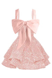 Sparkly Tiered Sequin Flower Girl Dress Spaghetti Straps Short Birthday Pageant Formal Mini Dresses