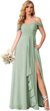 Damen Schulterfreies Brautjungfernkleid Lang mit Schlitz Chiffon Rüschen Falten Formales Partykleid 