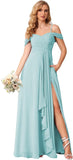 Damen Schulterfreies Brautjungfernkleid Lang mit Schlitz Chiffon Rüschen Falten Formales Partykleid 