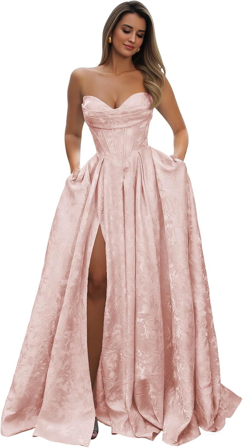 Strapless Prom Dress Jacquard Satin Ball Gown Pleated A Line Long Corset Formal Evening Dresses with Slit Pockets