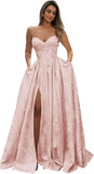 Strapless Prom Dress Jacquard Satin Ball Gown Pleated A Line Long Corset Formal Evening Dresses with Slit Pockets
