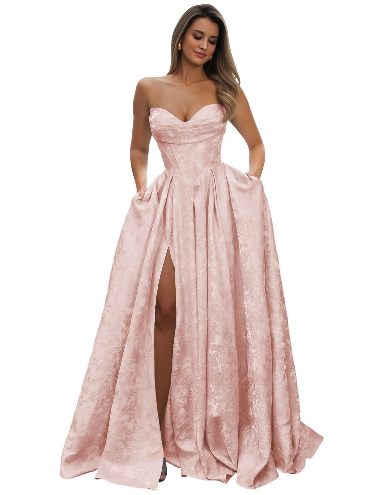 Strapless Prom Dress Jacquard Satin Ball Gown Pleated A Line Long Corset Formal Evening Dresses with Slit Pockets