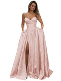 Strapless Prom Dress Jacquard Satin Ball Gown Pleated A Line Long Corset Formal Evening Dresses with Slit Pockets