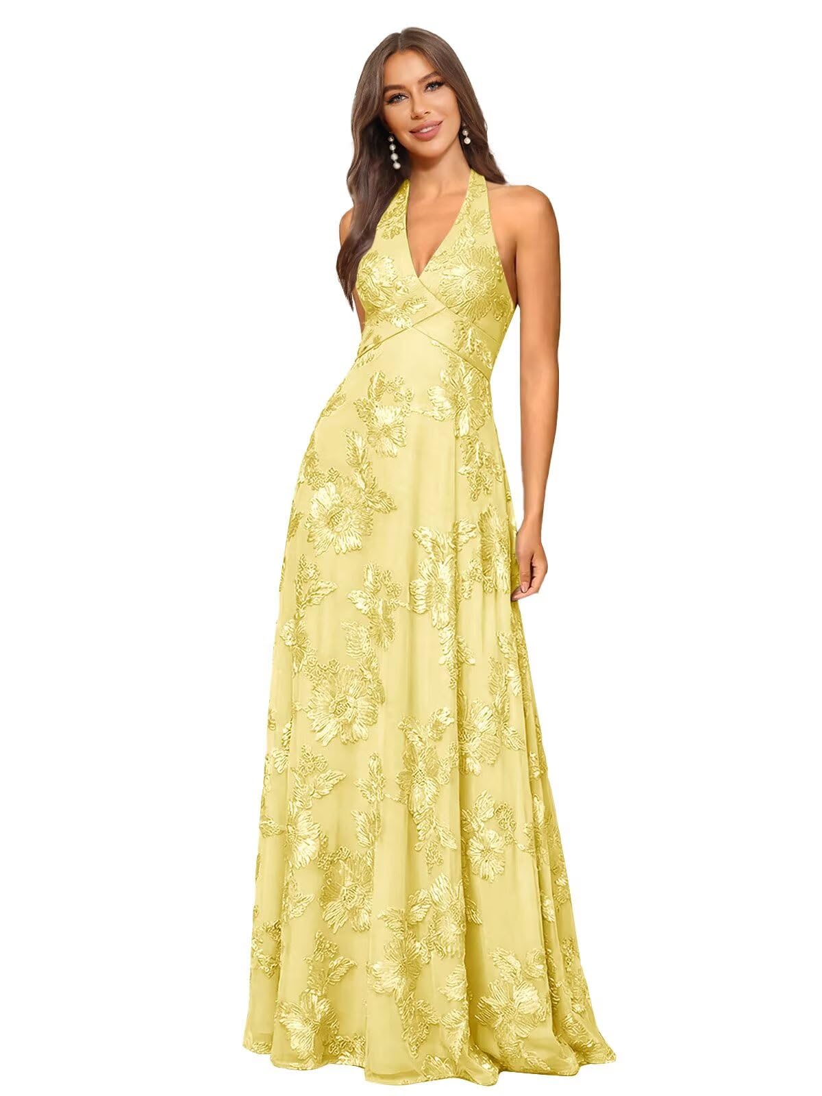 Jacquard Floral Lace Bridesmaid Dresses for Women Long A-Line Open Back Halter Formal Gown