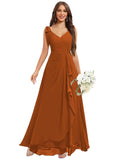 Chiffon Bridesmaid Dresses for Women Ruffles V Neck Flowy Long Formal Evening Dress with Bow