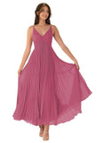 V-Neck Pleated Bridesmaid Dresses for Women Chiffon Spaghetti Straps Pleates Long Formal Wedding Guest Dress