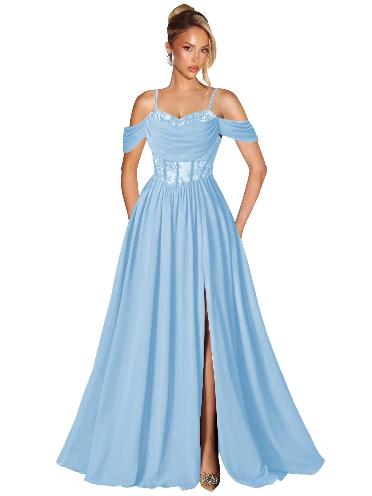 Off Shoulder Lace Applique Prom Dress with Slit A Line Ball Gown Pleated Corset Long Formal Evening Dresses