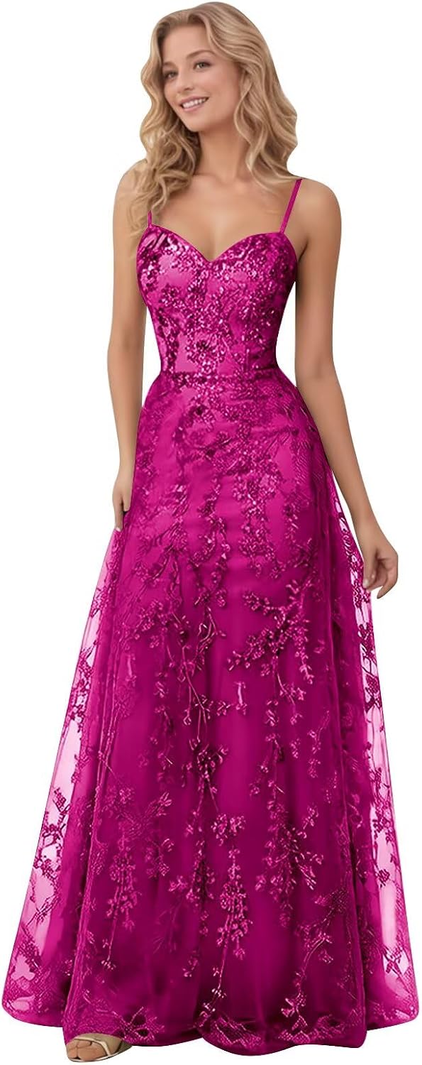 Spaghetti Strap Sparkly Prom Dress for Women Long Tulle Formal Dress Laces Evening Party Gown