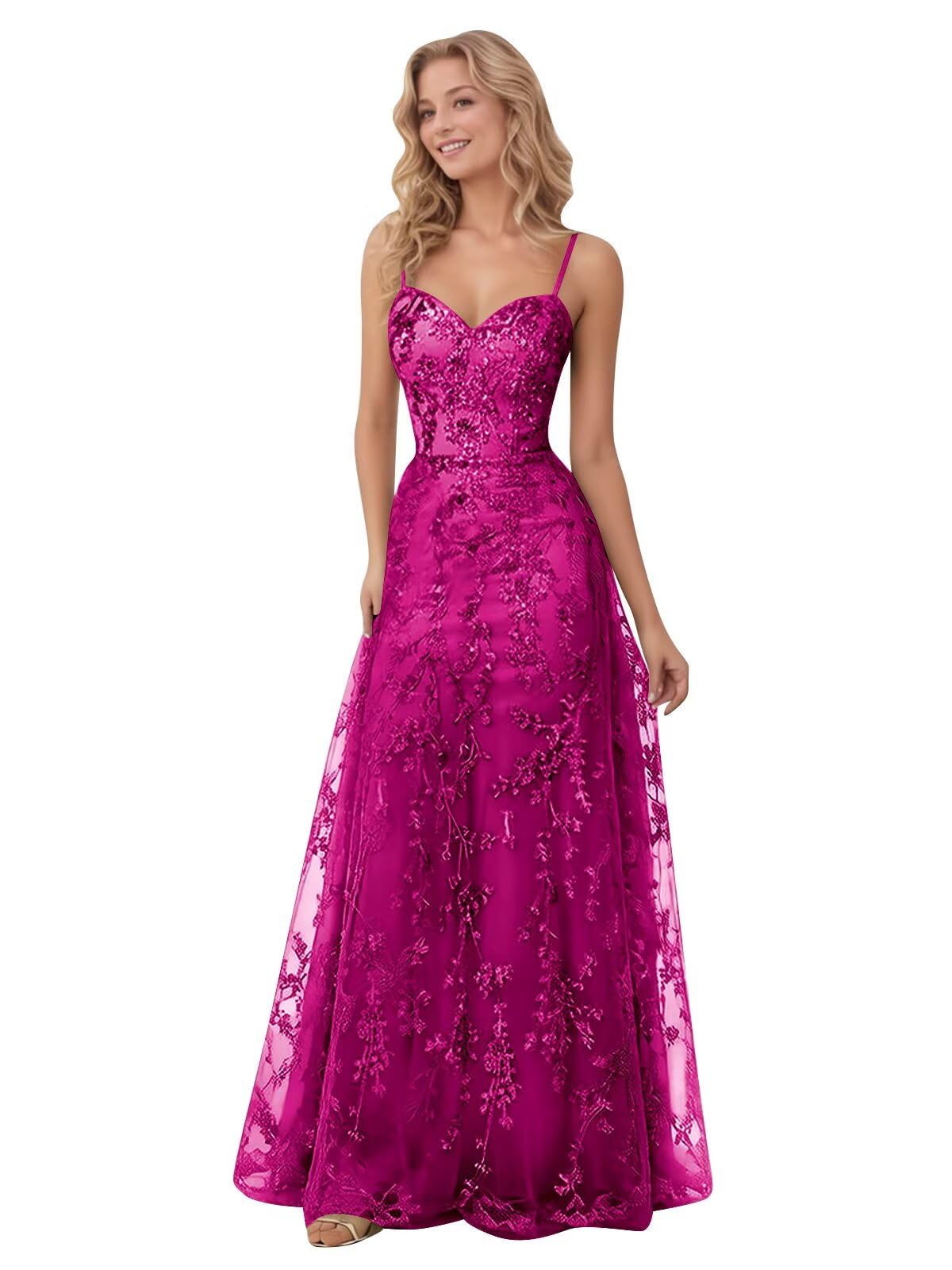 Spaghetti Strap Sparkly Prom Dress for Women Long Tulle Formal Dress Laces Evening Party Gown