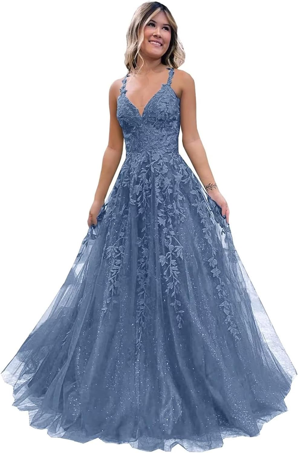Women's Sparkly Tulle Lace Applique Prom Dresses 2025 Long Spaghetti Straps Formal Evening Gowns