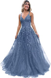 Women's Sparkly Tulle Lace Applique Prom Dresses 2025 Long Spaghetti Straps Formal Evening Gowns