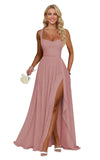 Ruffle Chiffon Bridesmaid Dress Long Square Neck Pleated Formal Gowns with Slit for Women Plus Size Spaghetti Straps Ruffles