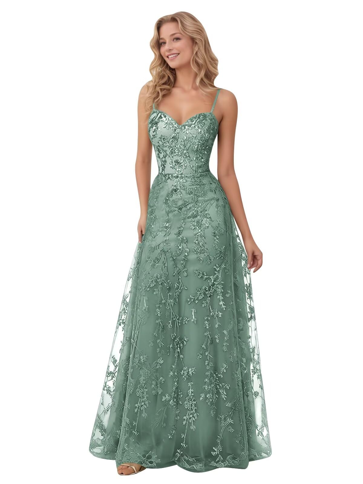 Spaghetti Strap Sparkly Prom Dress for Women Long Tulle Formal Dress Laces Evening Party Gown