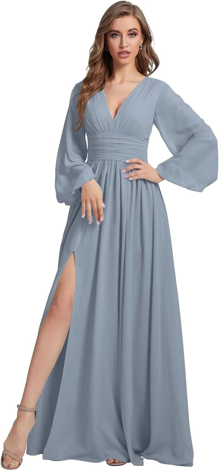 Womens V-Neck Long Sleeve Bridesmaid Dresses with Slit 2024 Ruched A-line Chiffon Prom Formal Dresses