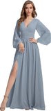 Womens V-Neck Long Sleeve Bridesmaid Dresses with Slit 2024 Ruched A-line Chiffon Prom Formal Dresses