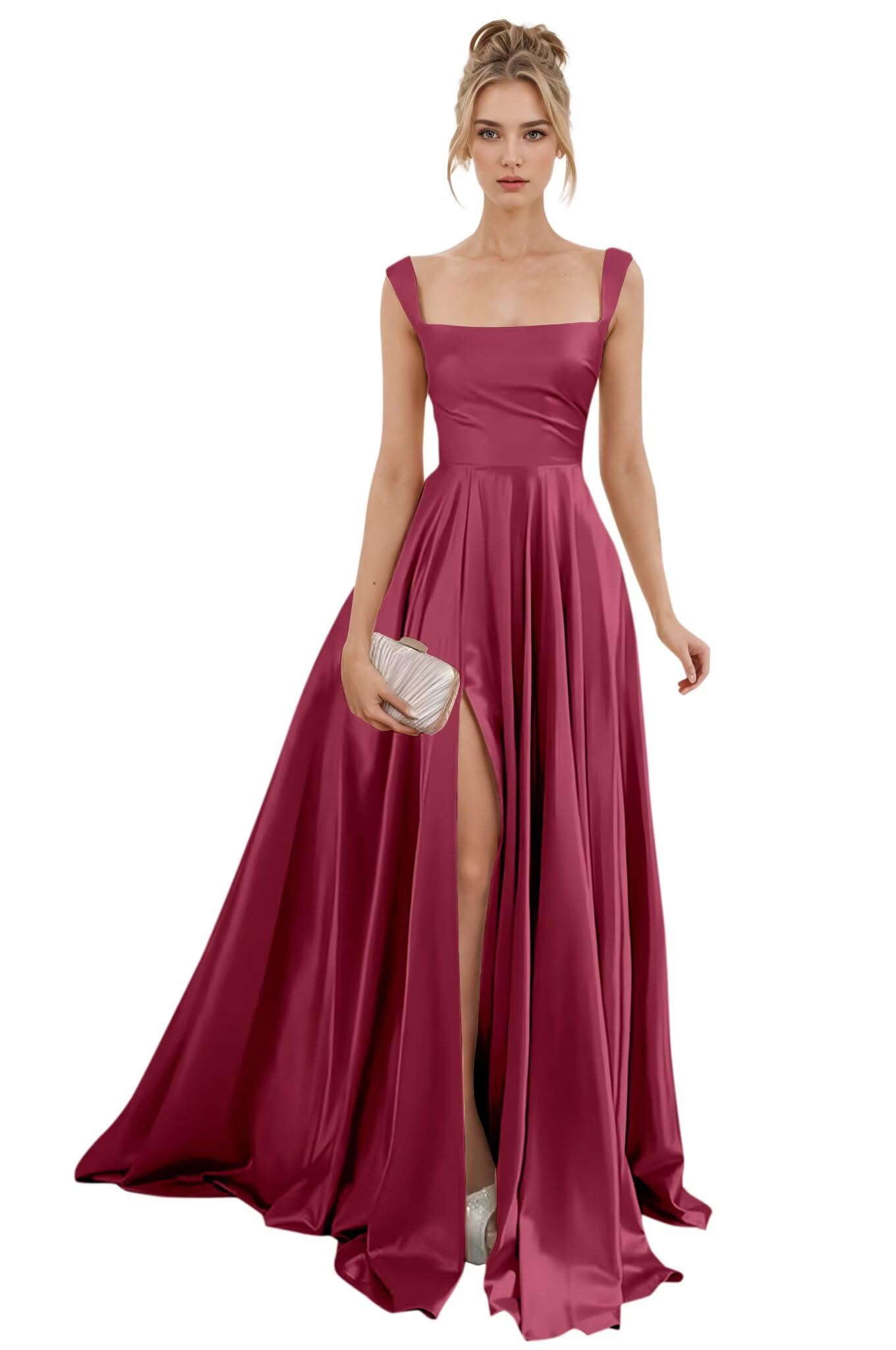 Spaghetti Straps Satin Bridesmaid Dresses for Women Long A-Line Square Neck Formal Evening Party Gown with Slit