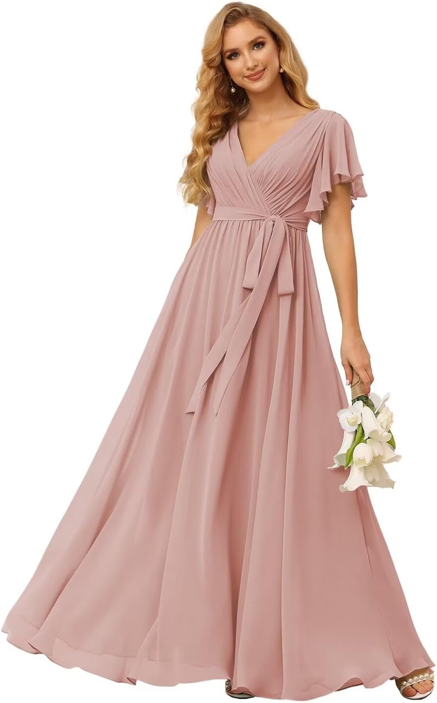 Damen Brautjungfernkleider mit Flatterärmeln, lang, mit Taschen, V-Ausschnitt, Chiffon, formelle Kleider 