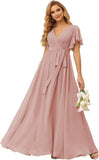 Damen Brautjungfernkleider mit Flatterärmeln, lang, mit Taschen, V-Ausschnitt, Chiffon, formelle Kleider 