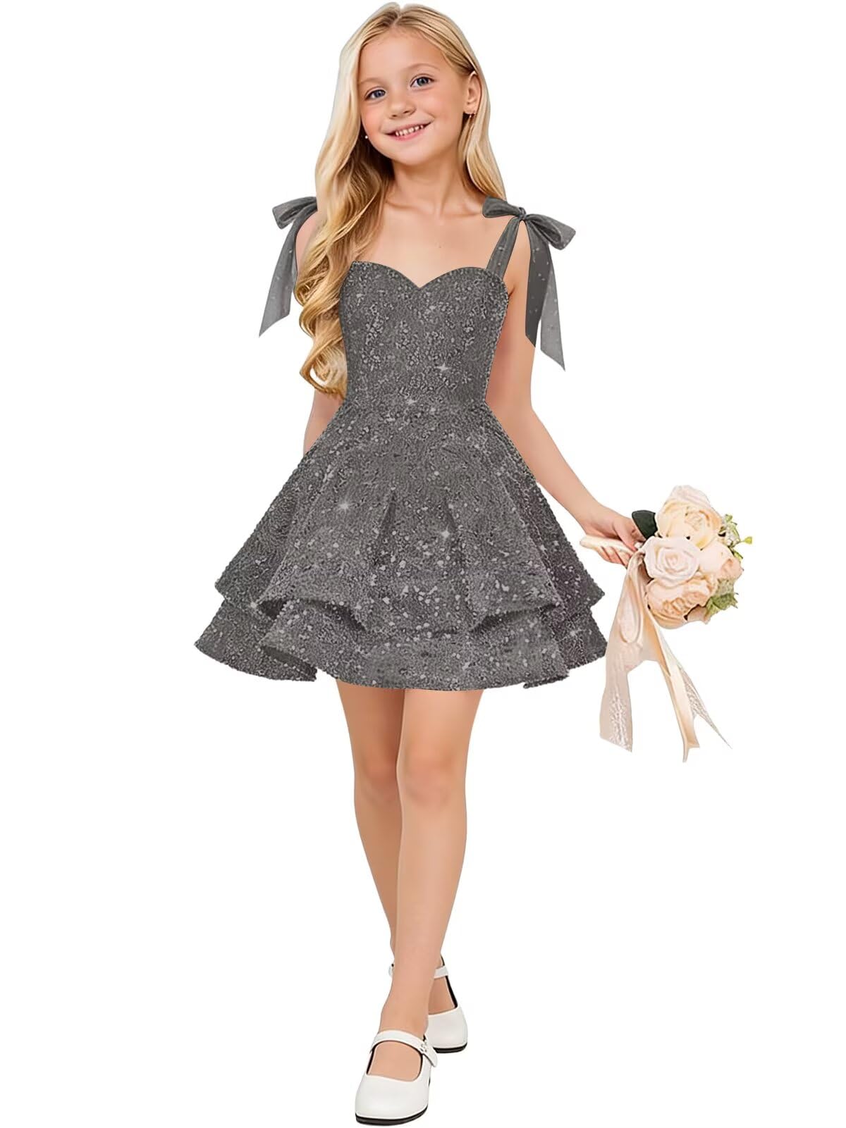 Sparkly Sequin Flower Girl Dress Tiered Cute Bow Spaghetti Straps Sweetheart Toddler Formal Dresses 2026