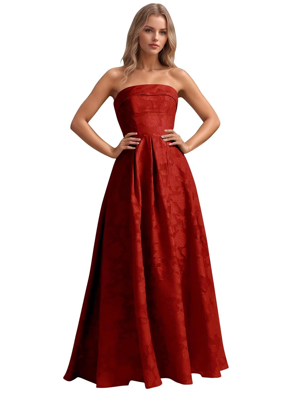 Jacquard Floral Prom Dresses Strapless Maxi Evening Gowns A-Line Ruched Formal Party Dress Elegant