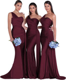 Women's One Shoulder Mermaid Bridesmaid Dresses Long Ruched Bodycon Satin Formal Prom Gowns