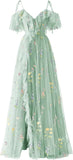 Vestidos de fiesta de tul con bordado floral para mujer, tirantes finos, largos, formales, de noche, 2024 