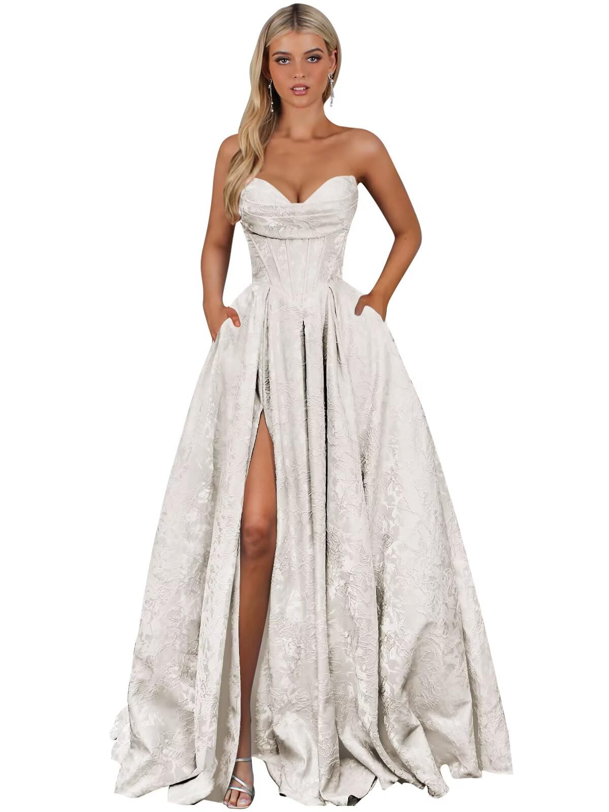 Strapless Jacquard Satin Prom Dresses for Women Corset A Line Long Formal Evening Party Gowns with Slit