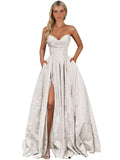 Strapless Jacquard Satin Prom Dresses for Women Corset A Line Long Formal Evening Party Gowns with Slit